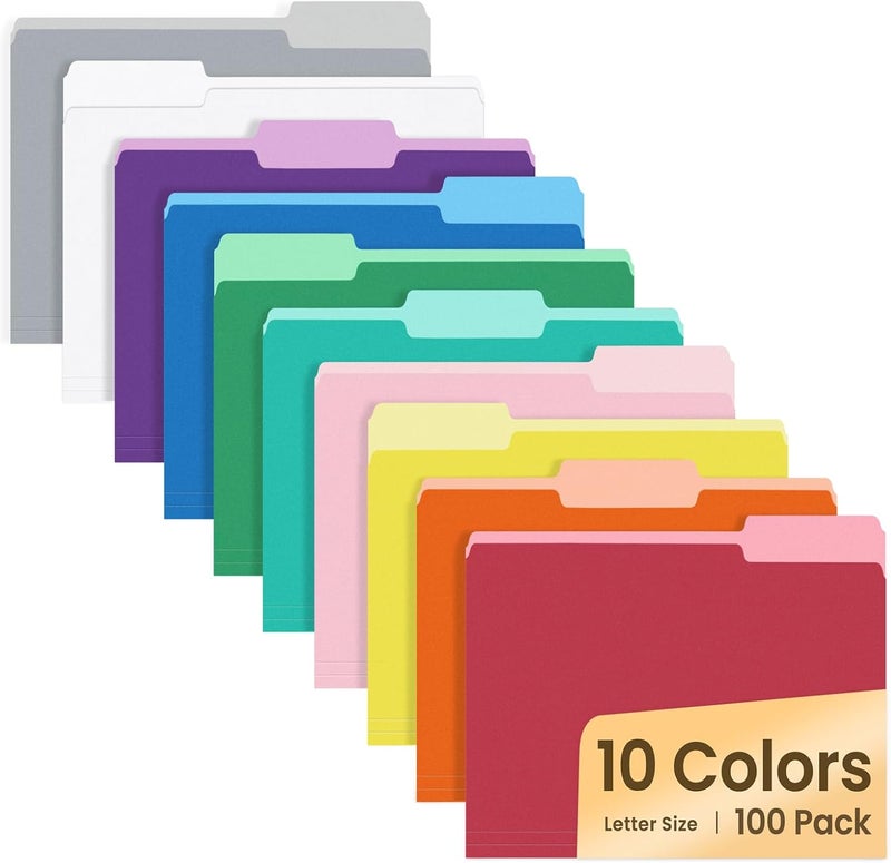 SUNEE File Folders Letter Size 10 Assorted Colors, 100 Pack Folders for Documents 1/3-Cut Tabs, Colored File Folders Office Home School for Documents Files Paper - Image 1